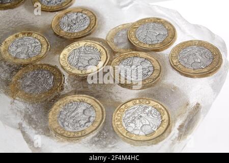 Fotografia di monete da £1 in un blocco di ghiaccio. Foto Stock