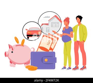 Famiglia bilancio e pianificazione finanziaria concetto con coppia sposata. Concetto di risparmio dei soldi della famiglia con giovane coppia che si aspetta bambino, vettore piatto Illustrat Illustrazione Vettoriale