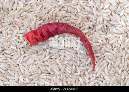 Peperoncino rosso su riso non cotto Foto Stock