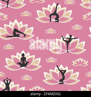 Pattern vettoriale senza cuciture con pose yoga e fiori di loto su sfondo rosa. Carta da parati dal design sano e naturale con silhouette femminile. Illustrazione Vettoriale