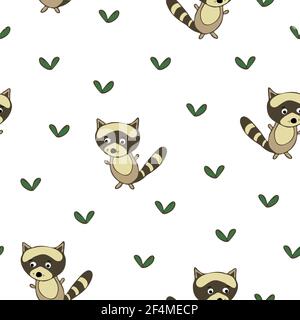 Pattern vettoriale senza giunture con raccoon disegnato a mano su sfondo bianco. Carino cartone animato animale carta da parati per i bambini. Illustrazione Vettoriale