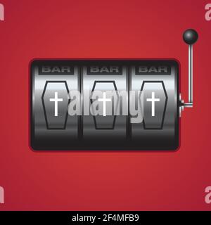 Slot machine meccanica con simboli di bara. Illustrazione vettoriale del concetto creativo anti-gioco. Illustrazione Vettoriale