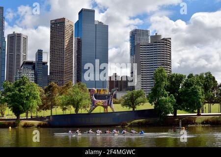 Melbourne, VIC, Australia - 04 novembre 2017: Persone non identificate addestrando in barca a remi sul fiume Yarra con scultura chiamata Angel ed edifici Foto Stock