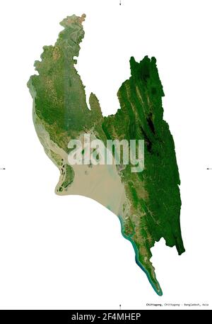 Chittagong, divisione del Bangladesh. Immagini satellitari Sentinel-2. Forma isolata su solido bianco. Descrizione, ubicazione della capitale. Contiene modifi Foto Stock