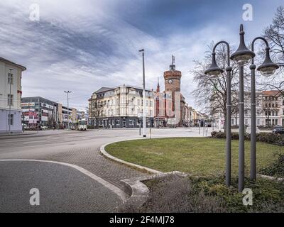 Centro di Cottbus con la Torre Spremberg Foto Stock