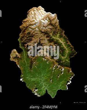 HAA, distretto di Bhutan. Immagini satellitari Sentinel-2. Forma isolata su nero. Descrizione, ubicazione della capitale. Contiene Copernicus Sen modificato Foto Stock