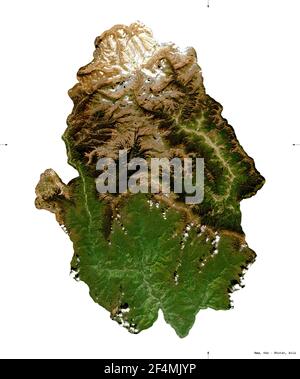 HAA, distretto di Bhutan. Immagini satellitari Sentinel-2. Forma isolata su solido bianco. Descrizione, ubicazione della capitale. Contiene Copernic modificato Foto Stock