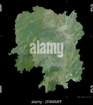 Hunan, provincia della Cina. Immagini satellitari Sentinel-2. Forma isolata su nero. Descrizione, ubicazione della capitale. Contiene Copernicus se modificato Foto Stock