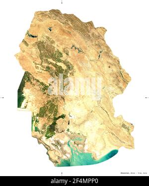 Khuzestan, provincia dell'Iran. Immagini satellitari Sentinel-2. Forma isolata su solido bianco. Descrizione, ubicazione della capitale. Contiene la cope modificata Foto Stock