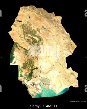 Khuzestan, provincia dell'Iran. Immagini satellitari Sentinel-2. Forma isolata su nero. Descrizione, ubicazione della capitale. Contiene Copernicus modificato Foto Stock