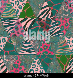 Imitazione trendy cucito pezzi triangolari di tessuto in stile patchwork. Acquerello disegno a mano moderno collage motivo senza giunture. Texture sicura con anim Foto Stock