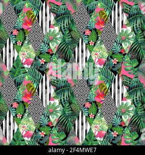 Imitazione trendy cucito pezzi di tessuto in stile patchwork. Acquerello disegno a mano moderno motivo senza giunture. Texture collage con stampe tropicali. Stampa Foto Stock