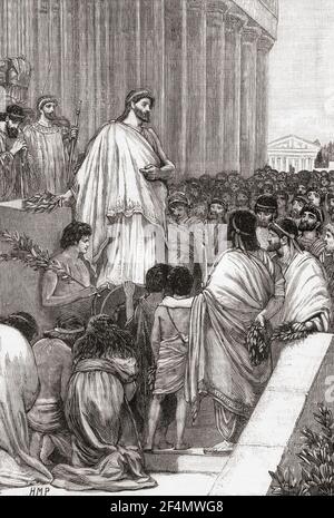 Pericle consegnò la sua onorificenza funeraria in onore degli ateniesi che morirono per la loro città. Pericle, c. 495 – 429 A.C. Eminente e influente statista greco, oratrice e generale di Atene. Dalla storia universale di Cassell, pubblicata nel 1888. Foto Stock