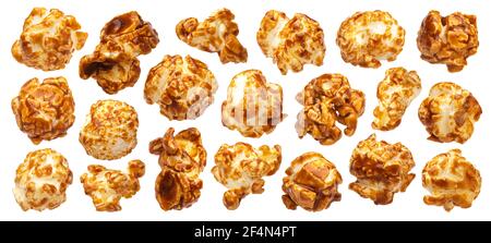 Caramello popcorn isolati su sfondo bianco Foto Stock