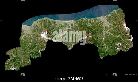 Tottori, prefettura del Giappone. Immagini satellitari Sentinel-2. Forma isolata su nero. Descrizione, ubicazione della capitale. Contiene Copernicu modificato Foto Stock