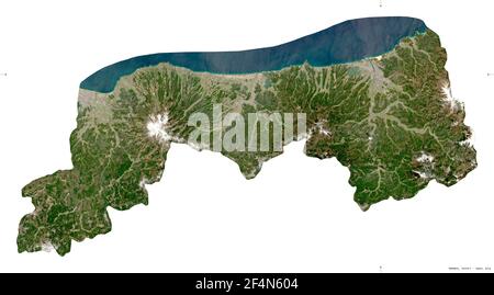 Tottori, prefettura del Giappone. Immagini satellitari Sentinel-2. Forma isolata su bianco. Descrizione, ubicazione della capitale. Contiene Copernicu modificato Foto Stock