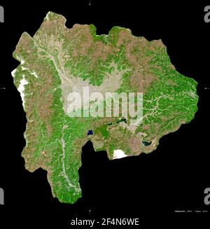 Yamanashi, prefettura del Giappone. Immagini satellitari Sentinel-2. Forma isolata su nero. Descrizione, ubicazione della capitale. Contiene Coperni modificati Foto Stock