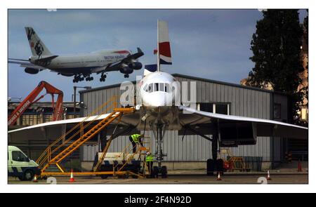 Concorde nella zona di BA Maintanence dell'aeroporto di heathrow prima per testare i voli Foto Stock