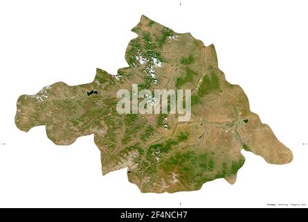 Arhangay, provincia della Mongolia. Immagini satellitari Sentinel-2. Forma isolata su solido bianco. Descrizione, ubicazione della capitale. Contiene C modificato Foto Stock