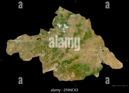 Arhangay, provincia della Mongolia. Immagini satellitari Sentinel-2. Forma isolata su nero. Descrizione, ubicazione della capitale. Contiene Coperni modificati Foto Stock