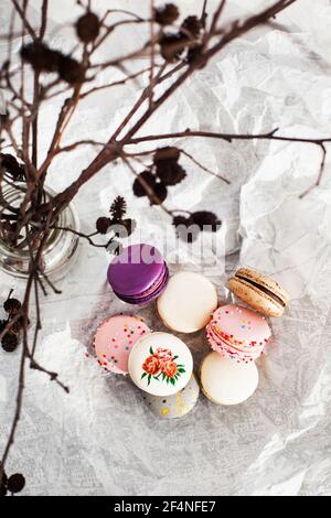 Macaron francesi colorati su sfondo grigio. Colori pastello. Vista dall'alto. Foto Stock