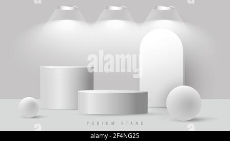 Scena minimalista astratta mock-up con podio o piattaforma, forme geometriche bolla su sfondo grigio. Scena minima con forme geometriche per il prodotto Illustrazione Vettoriale