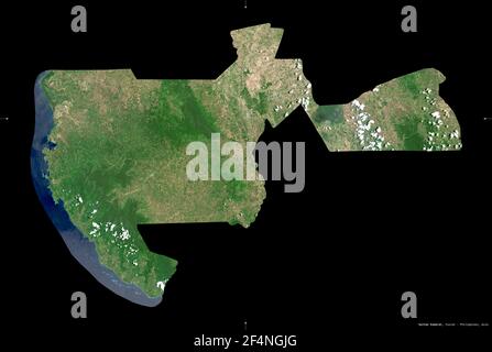 Sultan Kudarat, provincia delle Filippine. Immagini satellitari Sentinel-2. Forma isolata su nero. Descrizione, ubicazione della capitale. Contiene modifiche Foto Stock