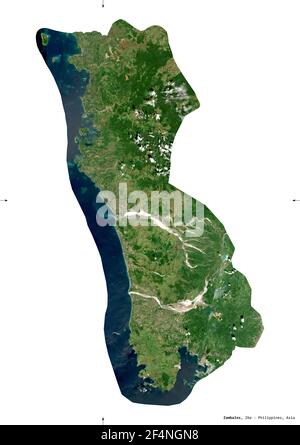 Zambales, provincia delle Filippine. Immagini satellitari Sentinel-2. Forma isolata su solido bianco. Descrizione, ubicazione della capitale. Contiene modifiche Foto Stock