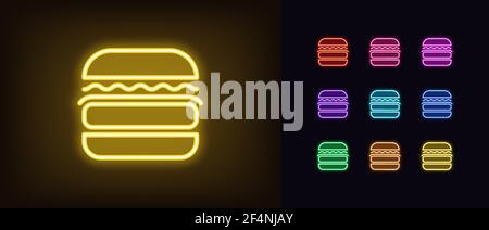 Icona al neon Burger. Brillante cartello al neon hamburger, contorno cheeseburger simbolo in colori vivaci. Fast food, consegna di hamburger, pasto e pranzo squisito, tec cibo Illustrazione Vettoriale