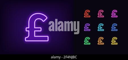 Icona sterlina al neon. Simbolo di sterlina al neon brillante, simbolo di denaro con contorni dai colori vivaci. Online banking e investimenti, cambio valuta. Set di icone, s Illustrazione Vettoriale