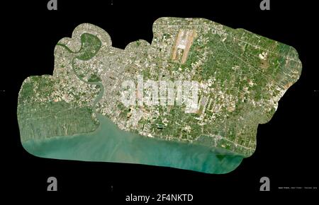 Samut Prakan, provincia della Thailandia. Immagini satellitari Sentinel-2. Forma isolata su nero. Descrizione, ubicazione della capitale. Contiene Cop modificato Foto Stock