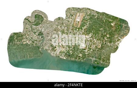 Samut Prakan, provincia della Thailandia. Immagini satellitari Sentinel-2. Forma isolata su bianco. Descrizione, ubicazione della capitale. Contiene Cop modificato Foto Stock