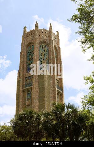 Carillon, Torre di canto, campanile, pietra di Coquina, marmo, finals scolpiti, fregi, metallo, 205 piedi di altezza, strumento musicale, 1929, Florida, Bo Foto Stock