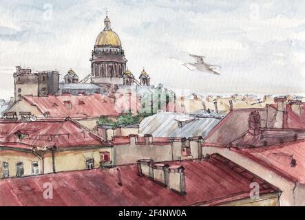 Vista sui tetti di San Pietroburgo in estate, acquerello Foto Stock