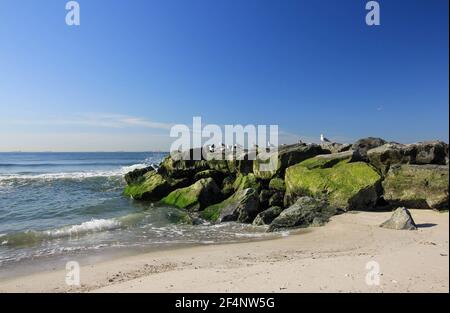 Onde che lambono contro Jetty Foto Stock