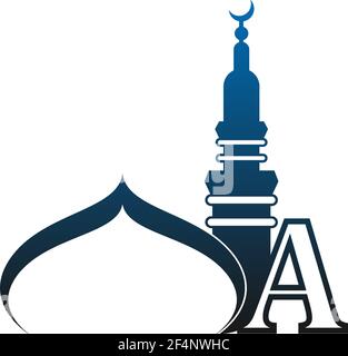 Lettera UN'icona del logo con il vettore di illustrazione del disegno della moschea Illustrazione Vettoriale