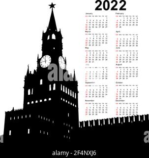 Calendario elegante con Mosca, Russia, Cremlino Spasskaya Tower con orologio per 2022. Illustrazione Vettoriale
