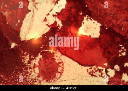 Motivo rosso e oro con texture di geode e scintille. Background vettoriale astratto nella tecnica dell'inchiostro alcolico. Vernice moderna con glitter. Modello per Illustrazione Vettoriale