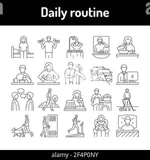 Set di icone di linea per la routine quotidiana. Elemento vettoriale isolato. Pittogrammi di contorno per pagina web, app mobile, promo. Tratto modificabile. Illustrazione Vettoriale