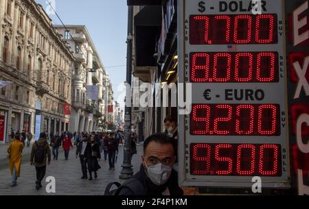 (210322) -- ISTANBUL, 22 marzo 2021 (Xinhua) -- lo schermo elettronico di un cambio valuta mostra i tassi di cambio a Istanbul, Turchia, il 22 marzo 2021. La valuta della Turchia è crollata intorno al 11 per cento lunedì dopo che il presidente turco Recep Tayyip Erdogan ha licenziato il governatore della banca centrale e ha nominato un critico di tassi di interesse elevati, una mossa che fa esplodere turbolenze nei mercati. La lira turca fluttuava a 8.02 contro il dollaro statunitense nel commercio mattutino di lunedì, un netto declino dal livello di chiusura di venerdì del 7.22, mentre la valuta turca era anch'essa in calo del 11 per cento contro l'euro. (Foto di OS Foto Stock