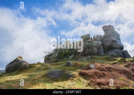 Pittura digitale della formazione rocciosa della stride pietra calcarea di Robin Hood nel Derbyshire Dales, Peak District National Park. Foto Stock