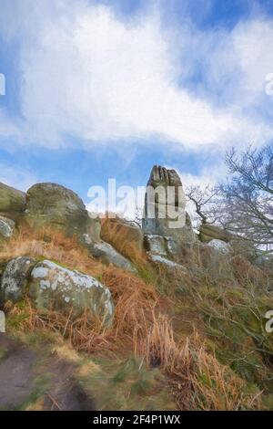 Pittura digitale della formazione rocciosa della stride pietra calcarea di Robin Hood nel Derbyshire Dales, Peak District National Park. Foto Stock