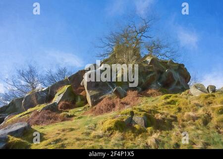 Pittura digitale della formazione rocciosa della stride pietra calcarea di Robin Hood nel Derbyshire Dales, Peak District National Park. Foto Stock