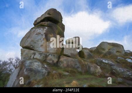 Pittura digitale della formazione rocciosa della stride pietra calcarea di Robin Hood nel Derbyshire Dales, Peak District National Park. Foto Stock