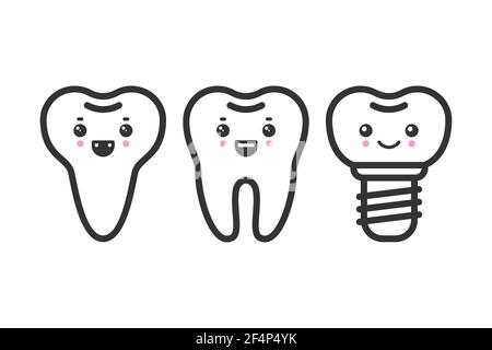 Carino denti contorno vettore insieme con diverse emozioni. Forma del dente diversa Illustrazione Vettoriale