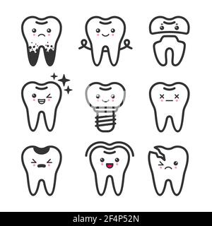 Carino denti contorno vettore insieme con diverse emozioni. Diverse condizioni dei denti Illustrazione Vettoriale