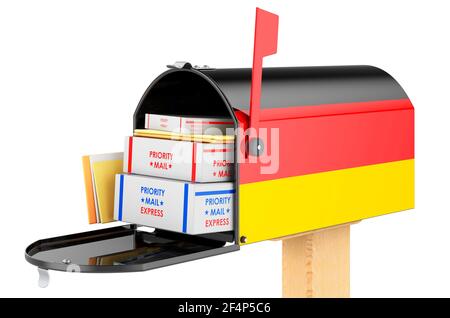 Mailbox con bandiera Deutsch con pacchi, buste all'interno. Spedizione in Germania, Concept. Rendering 3D isolato su sfondo bianco Foto Stock