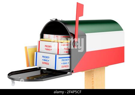 Mailbox con bandiera Kuwaits con pacchi, buste all'interno. Spedizione in Kuwait, concetto. Rendering 3D isolato su sfondo bianco Foto Stock