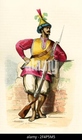 Questa illustrazione del 1840 mostra un soldato di Cochinchina (ora Vietnam) nel 1840. Cochinchina è il nome storico dato dagli stranieri a parte del Vietnam, a seconda dei contesti. A volte si riferiva a tutto il Vietnam, ma era comunemente usato per riferirsi alla regione a sud del fiume Gianh. Foto Stock