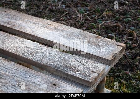 un pallet standard in legno in un prato coperto di gelo in una fredda mattina d'inverno Foto Stock